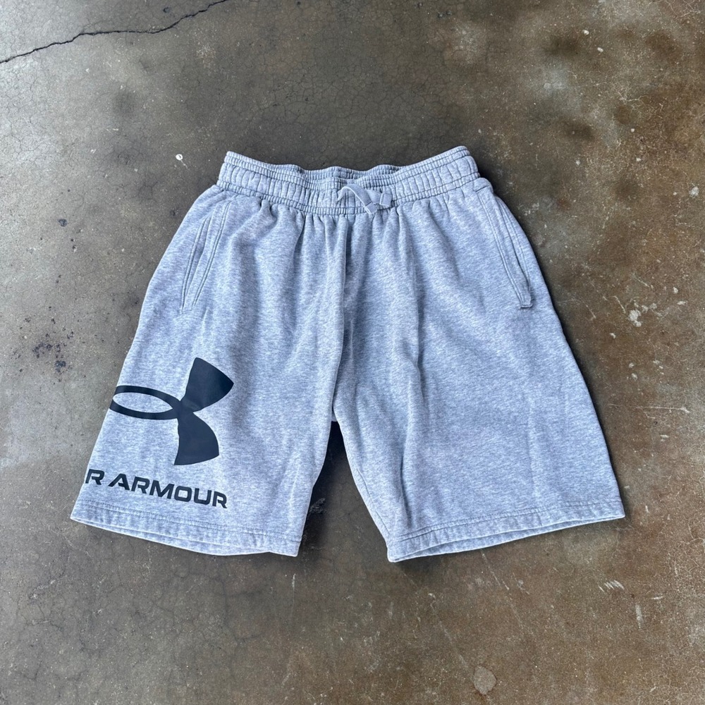 Under Armour Fleece Shorts Women Medium Grey Excellent Graphic Logo Athletic